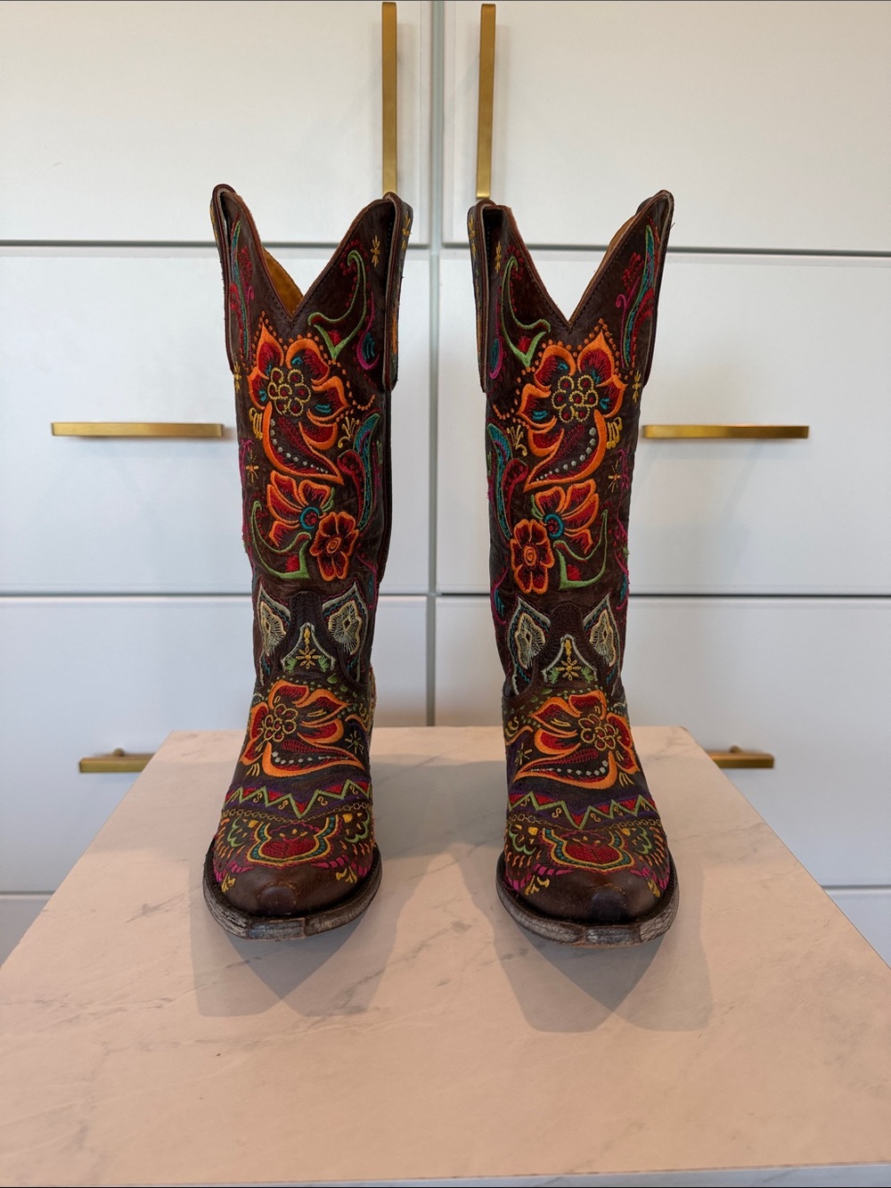 Old Gringo Brown Leather Western Boots with Multicolor Floral Embroidery